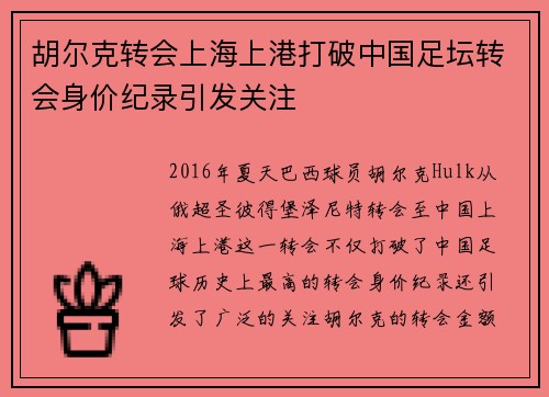 胡尔克转会上海上港打破中国足坛转会身价纪录引发关注
