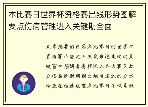 本比赛日世界杯资格赛出线形势图解要点伤病管理进入关键期全面