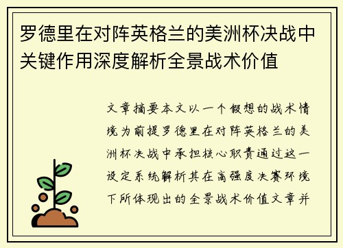 罗德里在对阵英格兰的美洲杯决战中关键作用深度解析全景战术价值