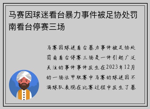 马赛因球迷看台暴力事件被足协处罚南看台停赛三场 马赛因球迷看台暴力事件被足协处罚南看台停赛三场